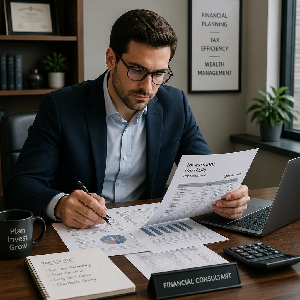 Consultor financiero analizando cartera de inversión y documentos fiscales