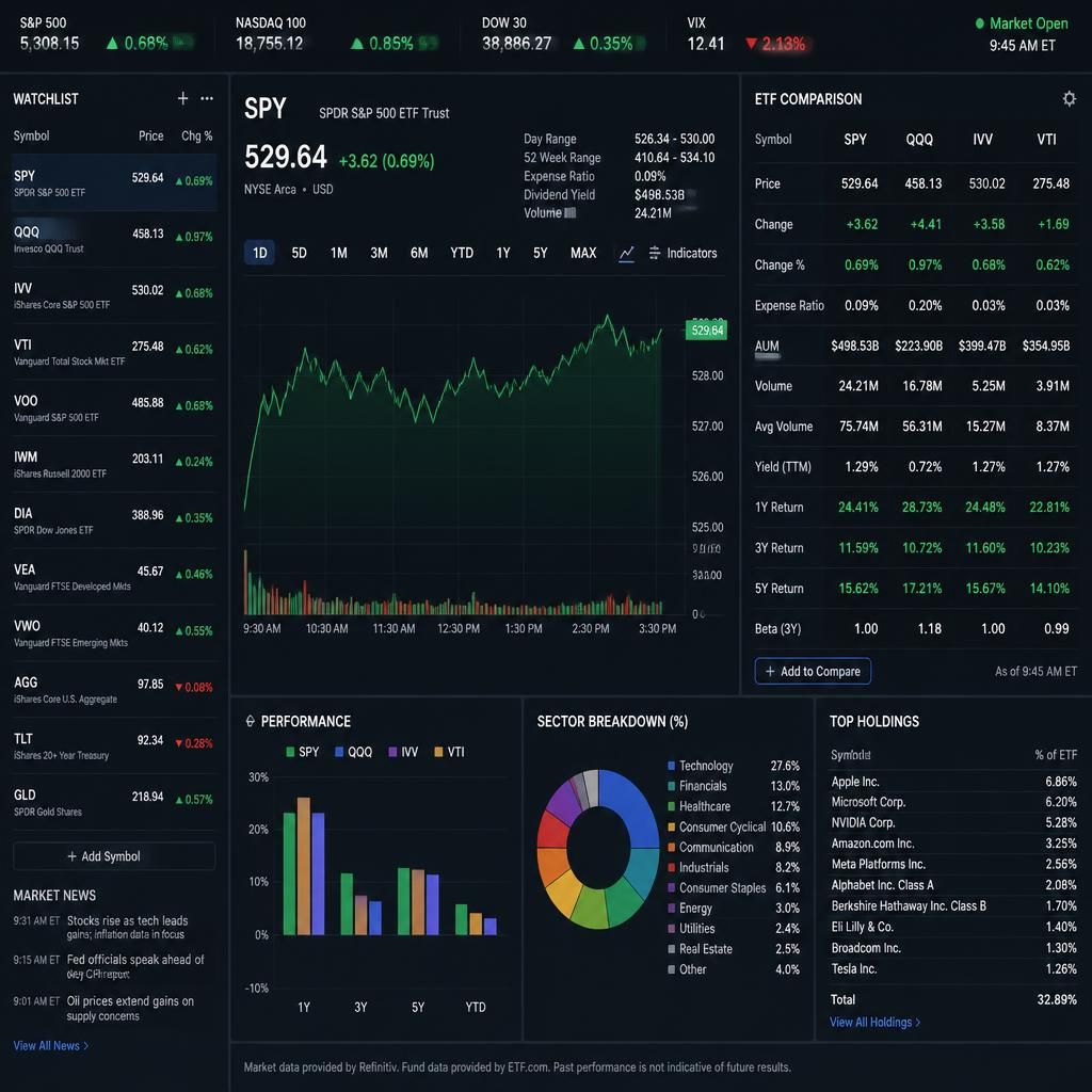 Pantalla de negociación bursátil de ETF con datos de mercado financiero